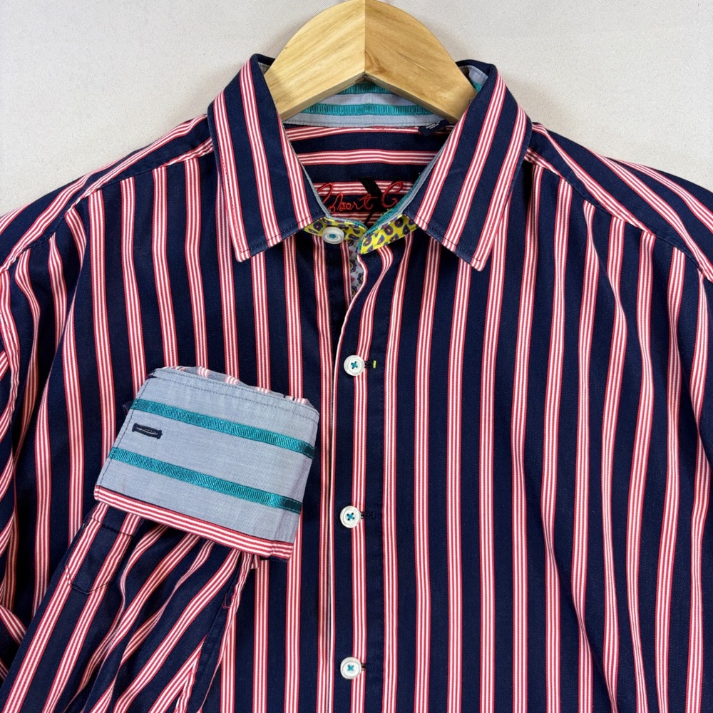 Robert Graham Shirt Mens Medium Navy Red Stripe Contrast French Flip Cuff EUC